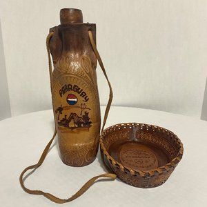 Antique and Rare Paraguayan Leather Bowl and Sealed Bottle Covered in Leather.